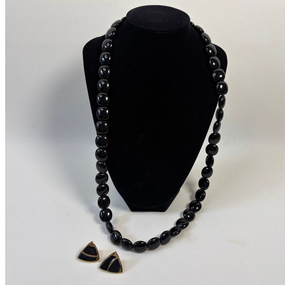 Trifari Black Beaded Necklace Enamel Gold Tone w Clip on Earrings Set Statement